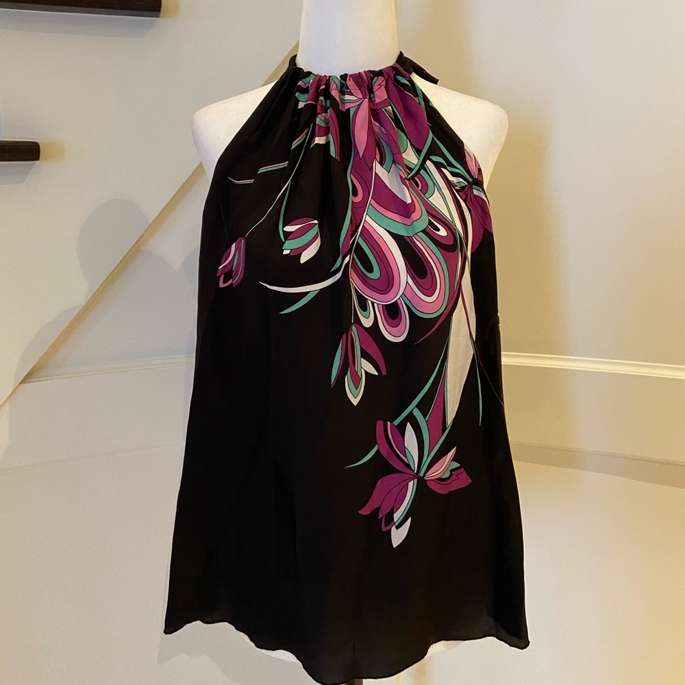 Tahari Peacock Halter Swing Blouse 100% Silk
